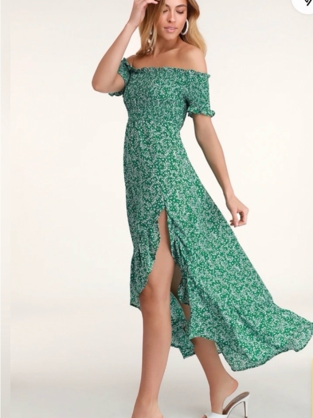 Lulu's Fleur-tation Green Floral Off-the-Shoulder High-Low Midi Dress